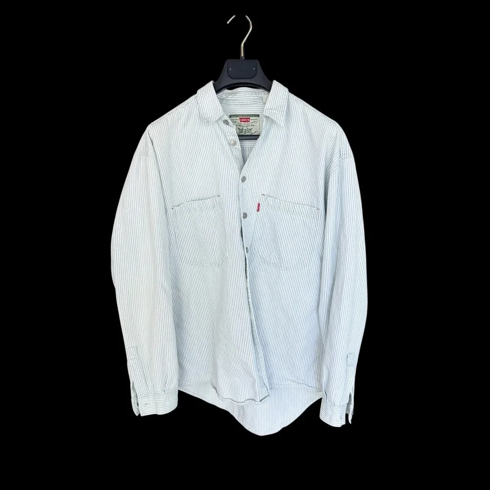 90's Levi's Mens Pinstripe Button Down Shirt Blue White Cotton Long Sleeve M